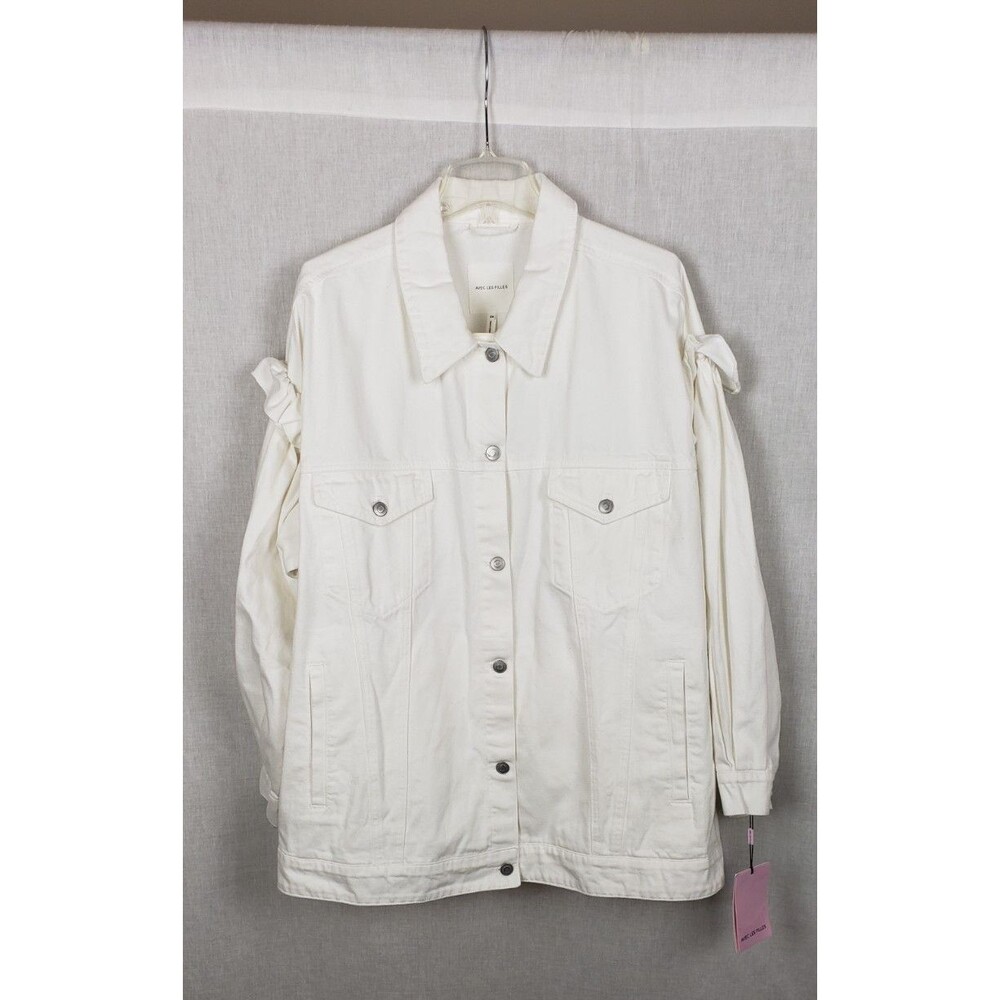 Avec Les Filles Ruffle Sleeve White Oversized Denim Jacket 2X 100% Cotton Spring